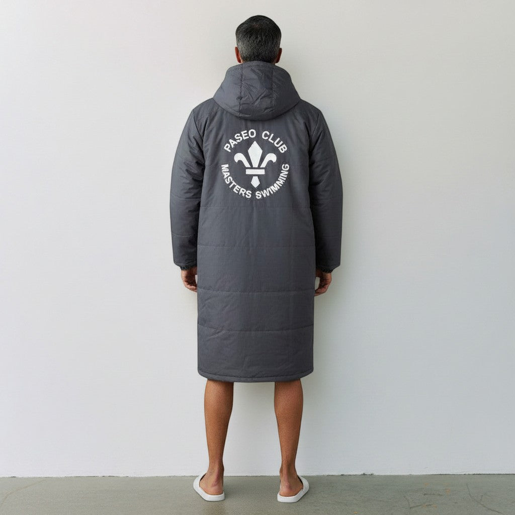 The Swim Guy Online Store grey unisex long parka with Paseo Club Masters Swimming logo on the back