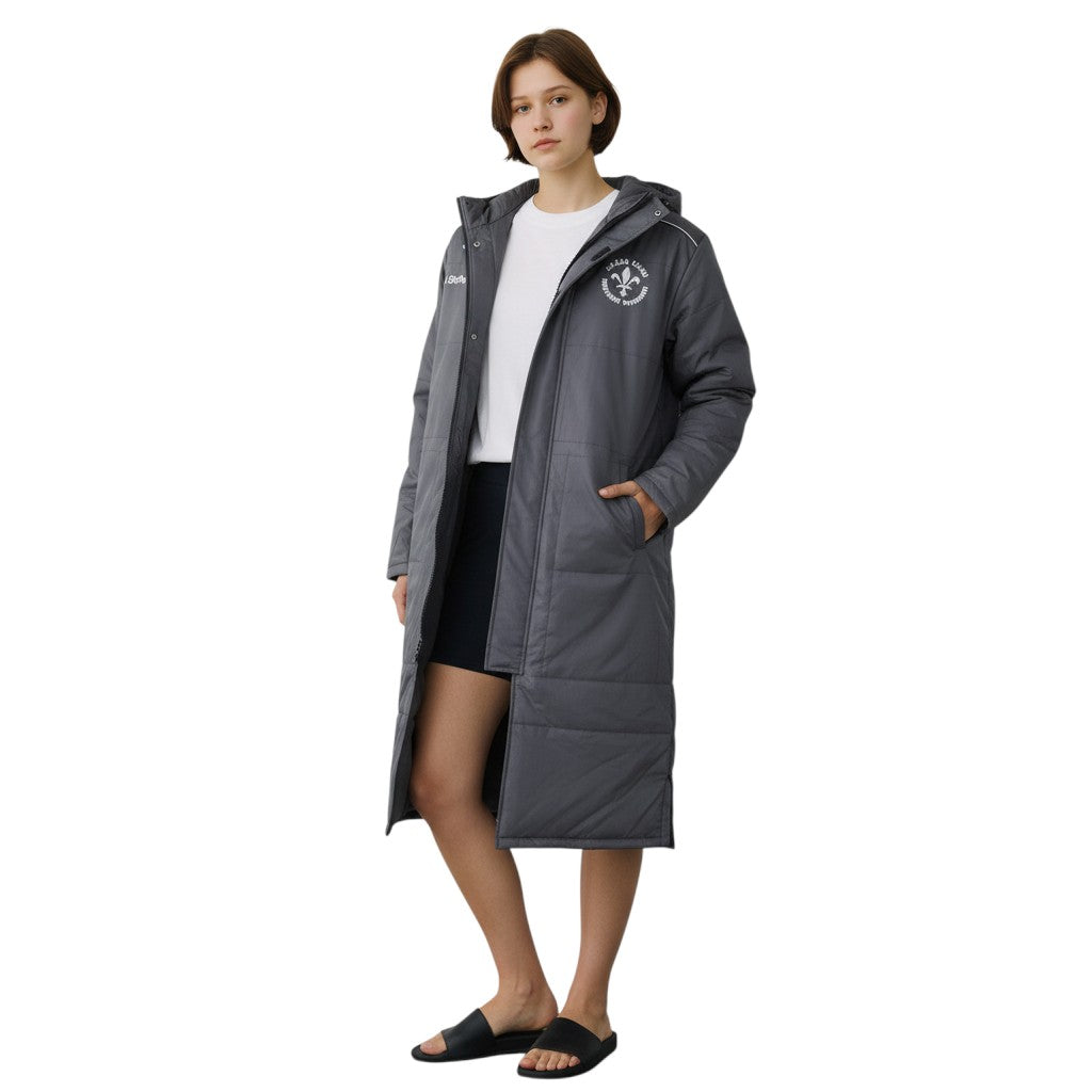 The Swim Guy Online Store grey unisex team parka with Paseo Aquatics logo, featuring a regular fit and hood.