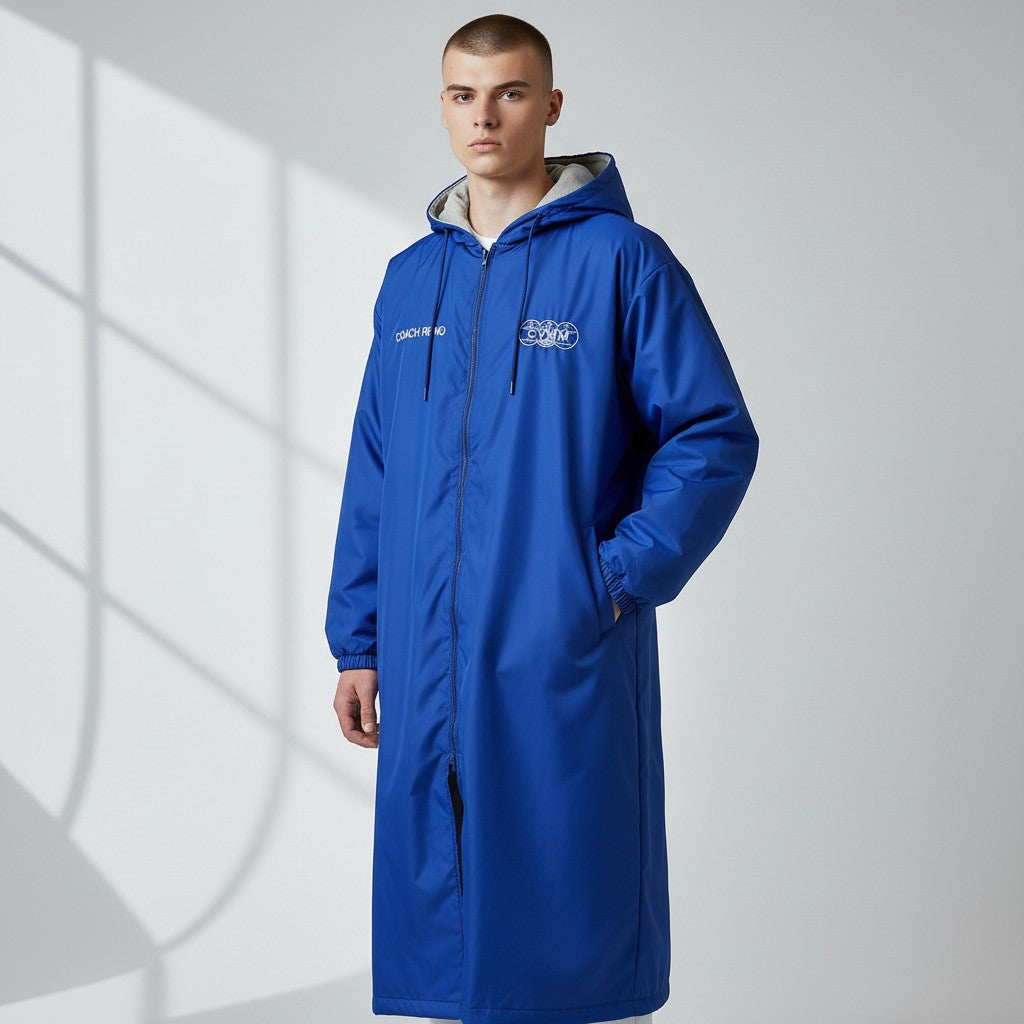 The Swim Guy Online Store royal blue masters team parka with grey lining, CVMM logo, and custom embroidered name.