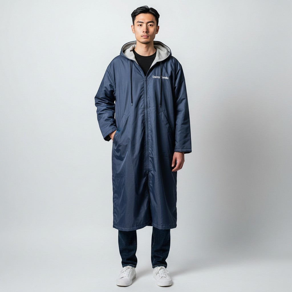 The Swim Guy Online Store navy parka with grey lining, hood, and custom white FHCC lettering for team members.