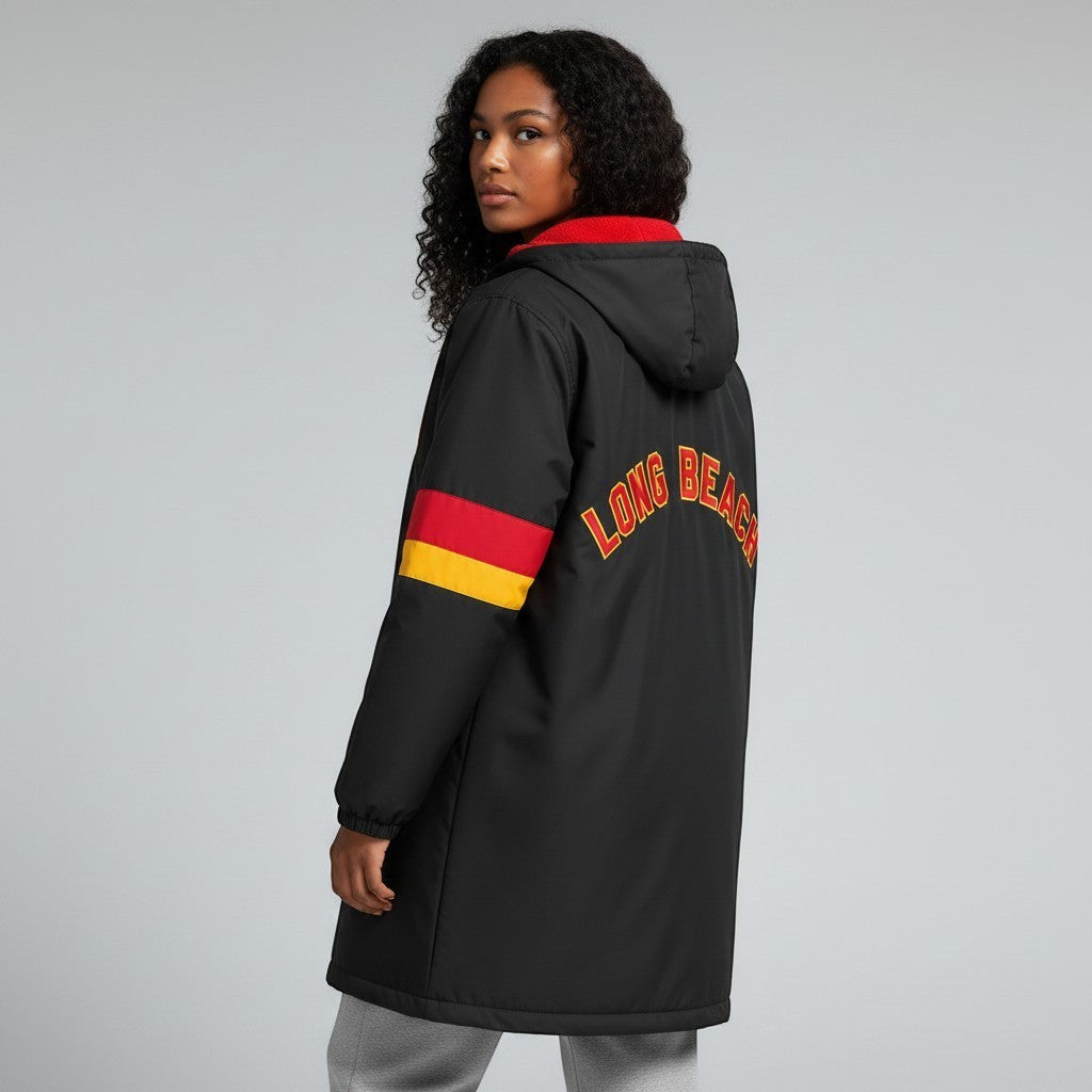 The Swim Guy Online Store Rocket Fish custom black parka with red and yellow sleeve stripes and Long Beach embroidery