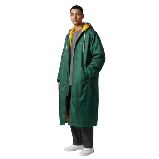 The Swim Guy Online Store dark green parka with gold lining and "Peck" embroidered on the chest. Features a hood and white zipper.