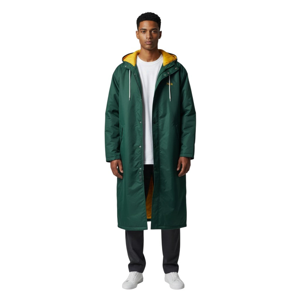 The Swim Guy Online Store dark green waterproof nylon parka with gold lining and hood. Features SRV block letters on back and custom name on front.