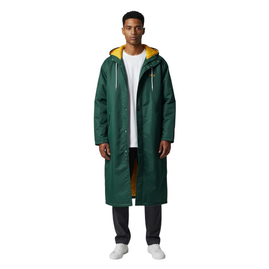 The Swim Guy Online Store dark green waterproof nylon parka with gold lining and hood. Features SRV block letters on back and custom name on front.