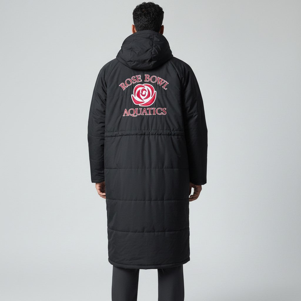 The Swim Guy Online Store black Rose Bowl Aquatics team parka with hood and embroidered logo on back.