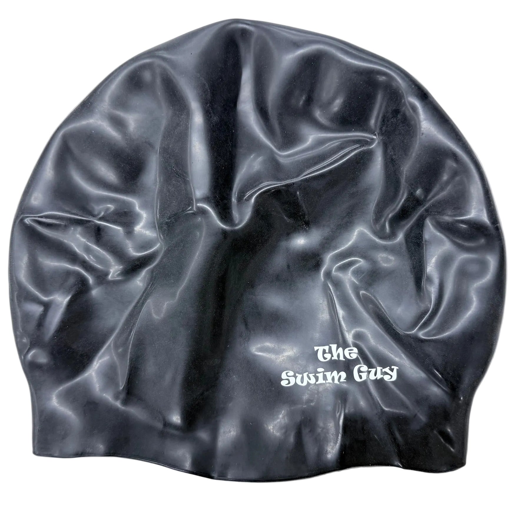 Black swim cap with 'The Swim Guy' logo on a gray background