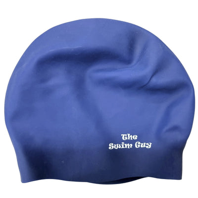 Blue swim cap with 'The Swim Guy' logo on a white background