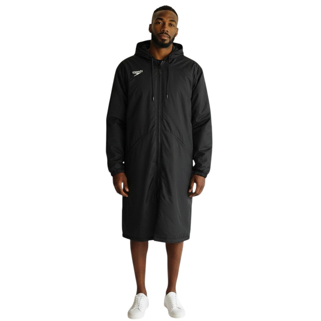 The Swim Guy Online Store Beach Cities Alpha Speedo parka in black with front zipper, hood, and custom embroidery.