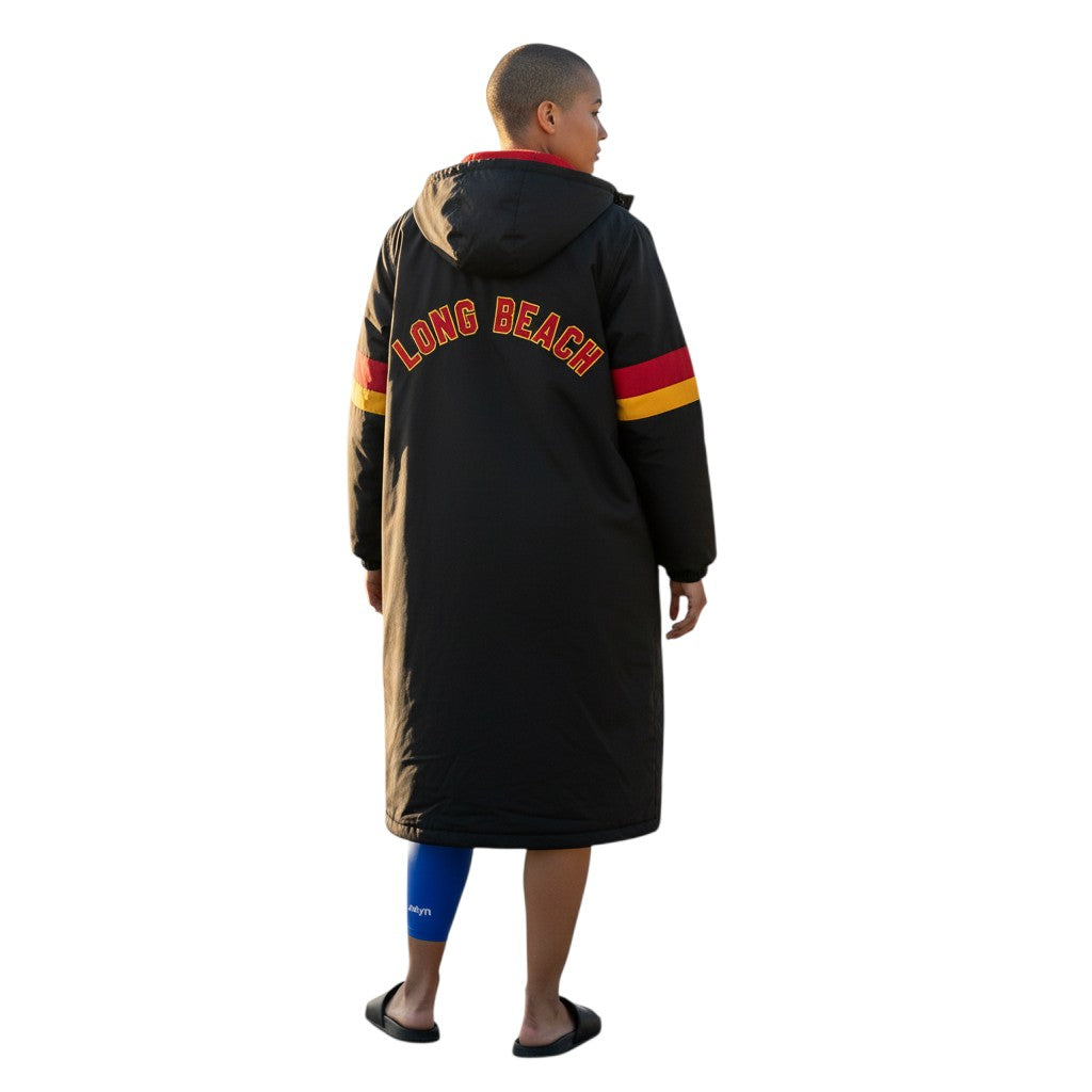 The Swim Guy Online Store custom black parka with red and yellow stripes and Long Beach embroidery on the back