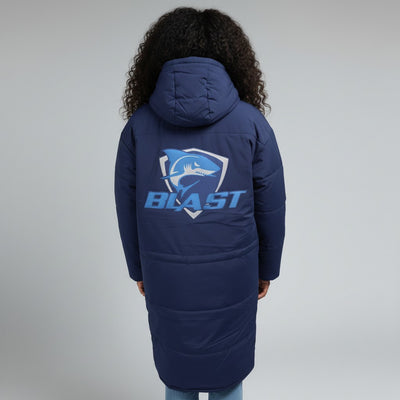 The Swim Guy Online Store navy blue Blast Aquatics Arena team parka with shark logo on back worn by a person