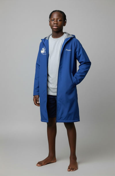 The Swim Guy Online Store custom blue Burbank High School swim parka with hood and white team logo embroidery