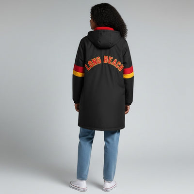 The Swim Guy Online Store custom black parka with red and yellow stripes and Long Beach embroidery on the back