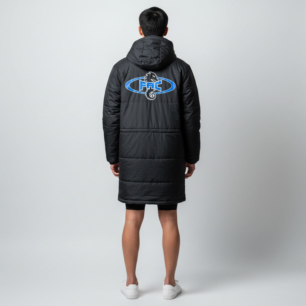 The Swim Guy Online Store Fontana Aquatics Club black waterproof team parka with back logo and hood