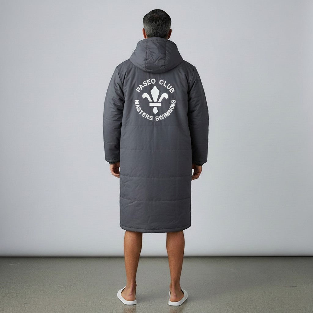 The Swim Guy Online Store grey unisex parka with Paseo Club Masters Swimming logo on the back, rear view