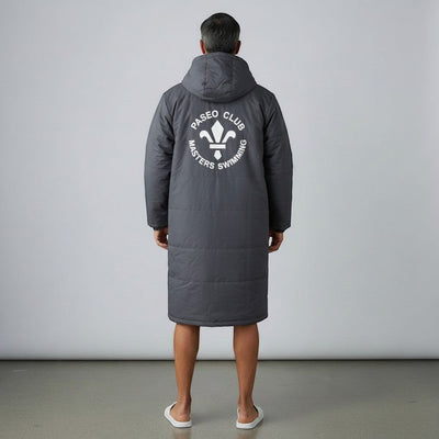 The Swim Guy Online Store grey unisex parka with Paseo Club Masters Swimming logo on the back, rear view