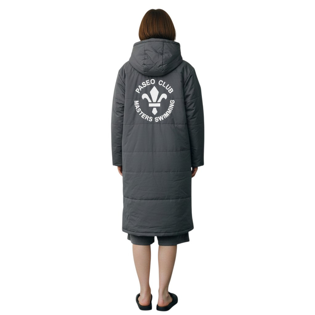 The Swim Guy Online Store grey unisex parka with Paseo Club Masters Swimming logo on the back, worn by a model.