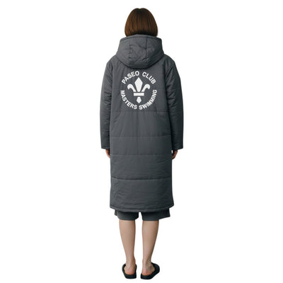 The Swim Guy Online Store grey unisex parka with Paseo Club Masters Swimming logo on the back, worn by a model.
