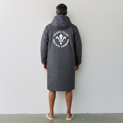 The Swim Guy Online Store grey unisex long parka with Paseo Club Masters Swimming logo on the back