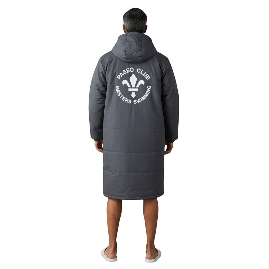 The Swim Guy Online Store grey unisex team parka with Paseo Club Masters Swimming logo on the back