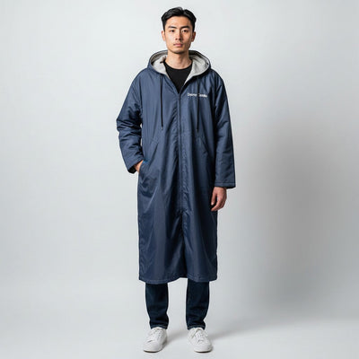 The Swim Guy Online Store navy parka with grey lining, hood, and custom white FHCC lettering for team members.