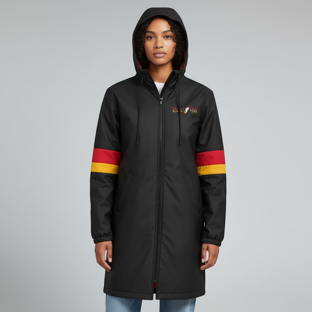 Model wearing The Swim Guy Online Store black Rocket Fish custom parka with red and yellow sleeve stripes
