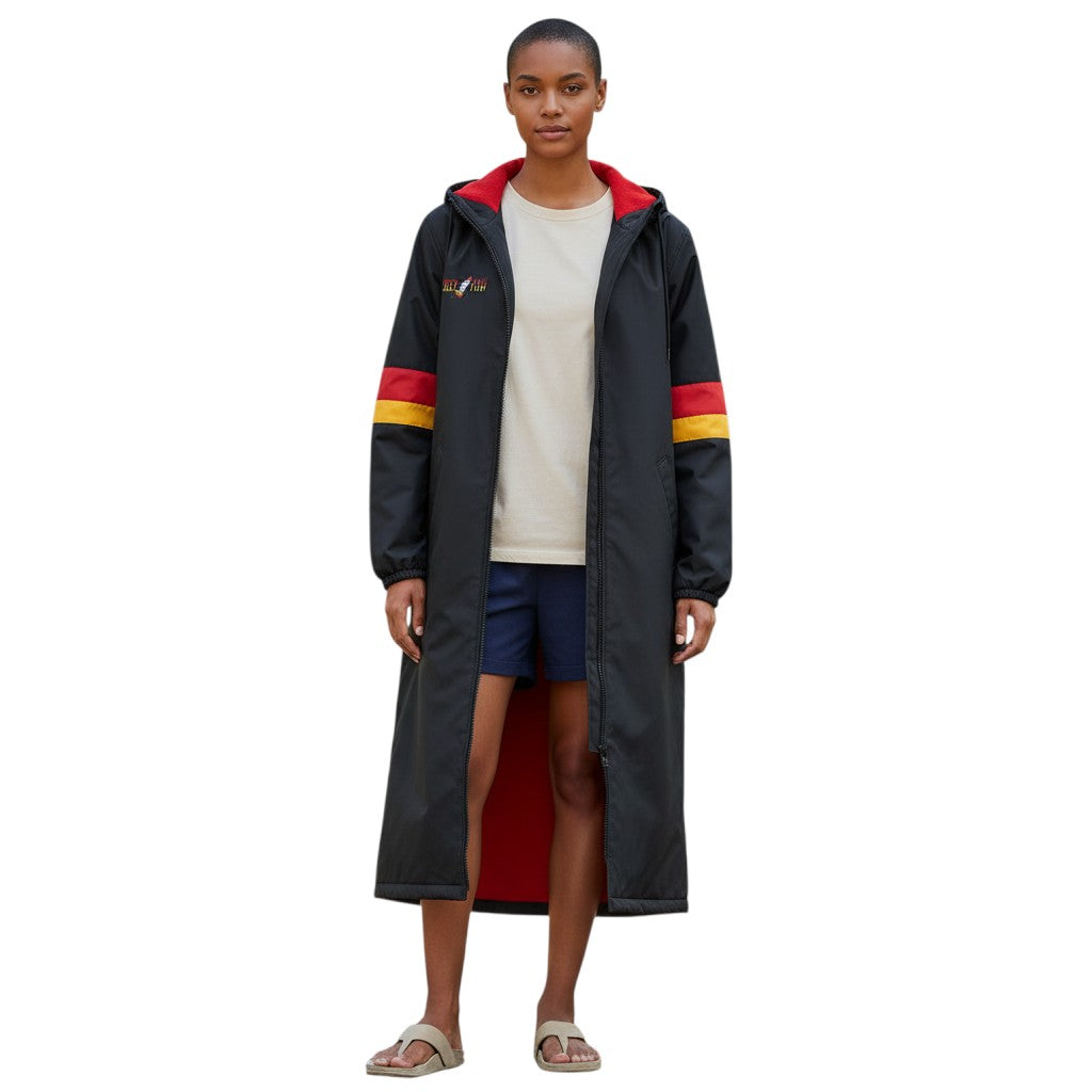 The Swim Guy Online Store Rocket Fish custom embroidered black parka with red lining and sleeve stripes