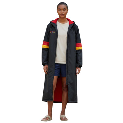 The Swim Guy Online Store Rocket Fish custom embroidered black parka with red lining and sleeve stripes