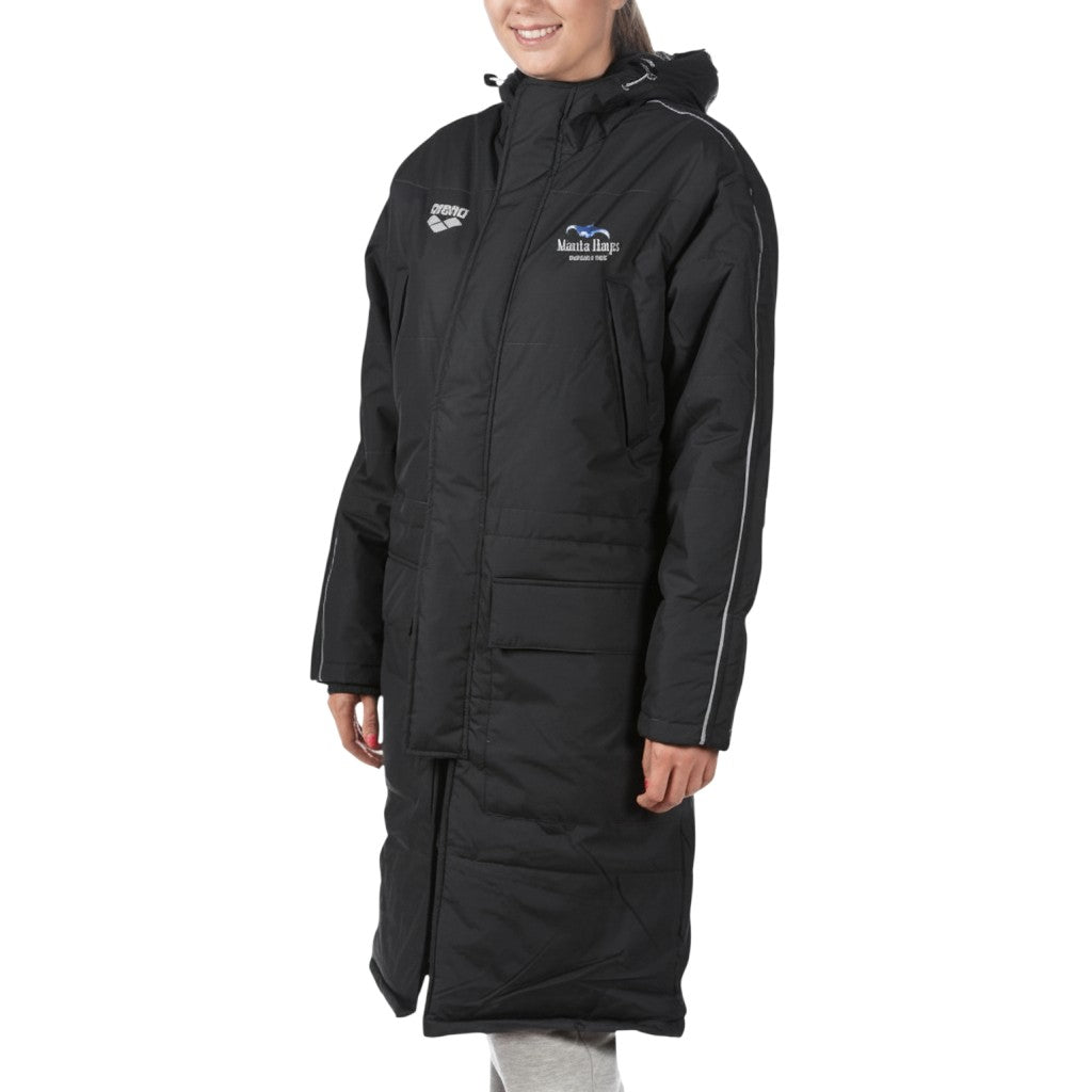 The Swim Guy Online Store black unisex Arena team parka with Manta Rays logo on chest and reflective stripes.