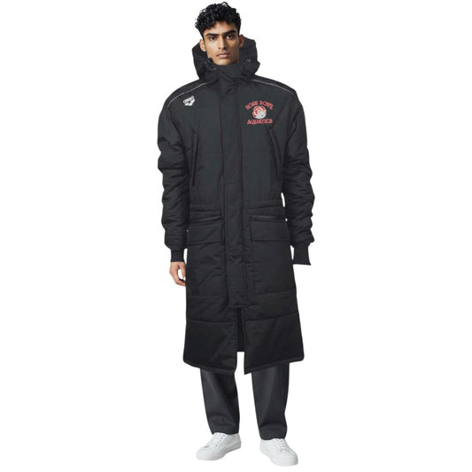 The Swim Guy Online Store black Rose Bowl Adaptive Rays parka with drawstring hood, multiple pockets, and reflex taping on sleeves.