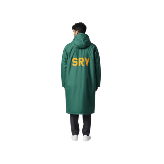 The Swim Guy Online Store dark green waterproof nylon parka with gold SRV lettering on the back.