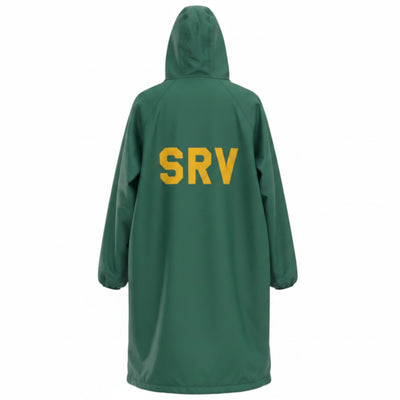 The Swim Guy Online Store dark green waterproof nylon parka with gold SRV lettering on the back and a hood.