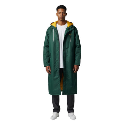 The Swim Guy Online Store dark green waterproof nylon parka with gold lining and hood. Features SRV block letters on back and custom name on front.