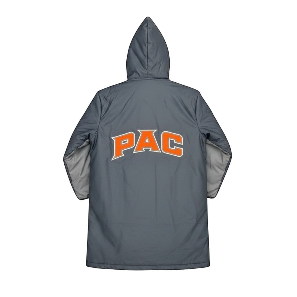 The Swim Guy Online Store grey waterproof nylon parka with orange PAC logo on back and white trim.
