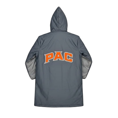 The Swim Guy Online Store grey waterproof nylon parka with orange PAC logo on back and white trim.