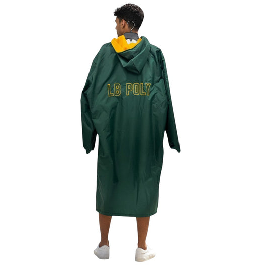 The Swim Guy Online Store dark green parka with gold lining and LB Poly text on back.