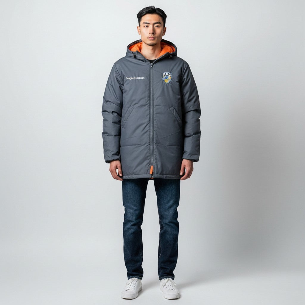 The Swim Guy Online Store navy blue nylon parka with orange lining, PAC logo on chest, and custom white name embroidery.