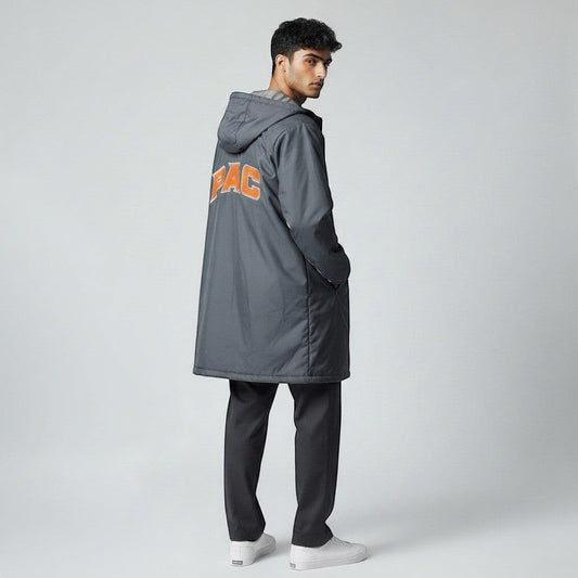 The Swim Guy Online Store grey nylon parka with orange PAC logo on back and white name embroidery on front. Reversible zipper, plush lined pockets and hood.