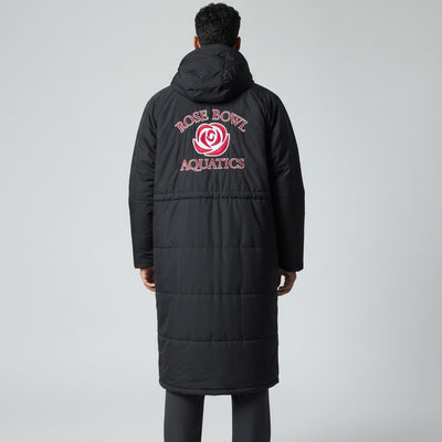 The Swim Guy Online Store black Rose Bowl Aquatics team parka with hood and embroidered logo on back.