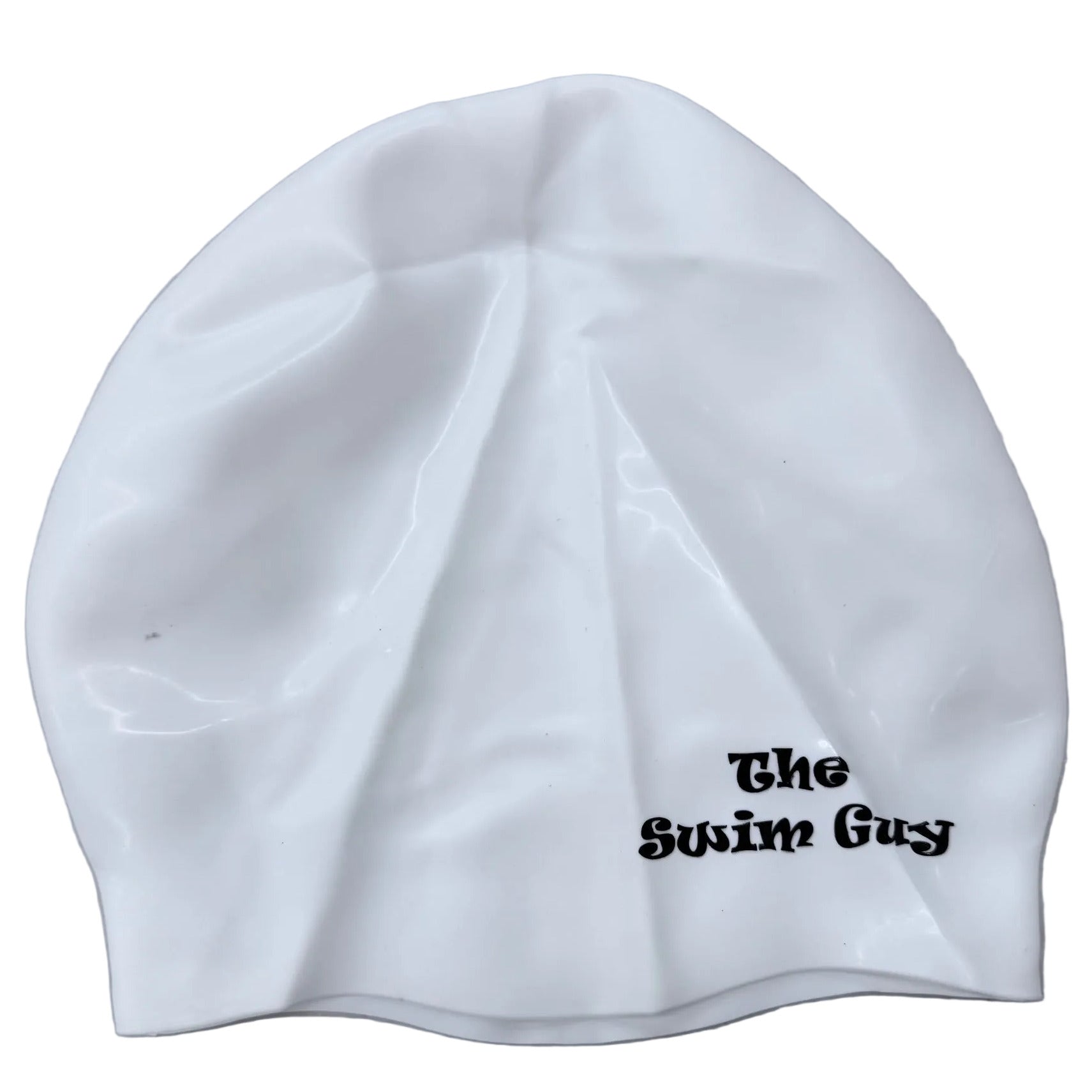 White swim cap with 'The Swim Guy' text on a gray background